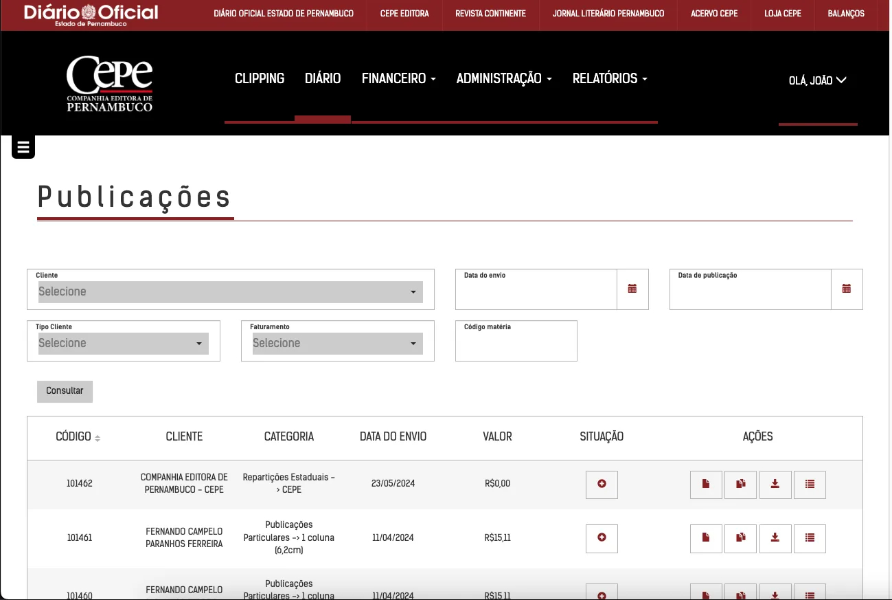 Interface do Portal Oficial